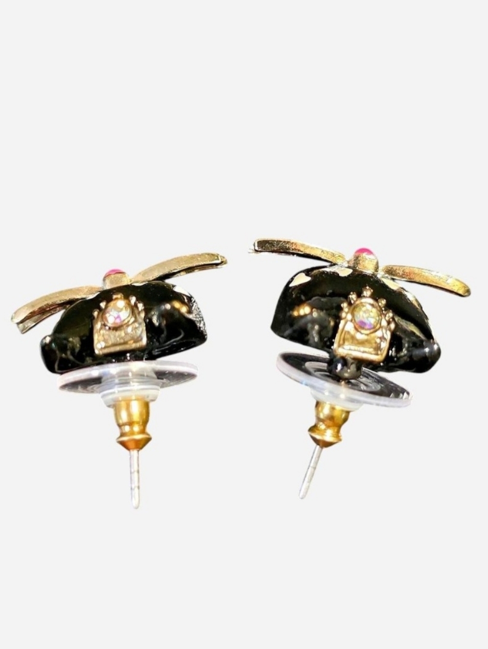 Vintage Betsey Johnson Black Cat Face Stud Earrings w/Gold Whiskers & Pink Nose - Picture 4 of 7